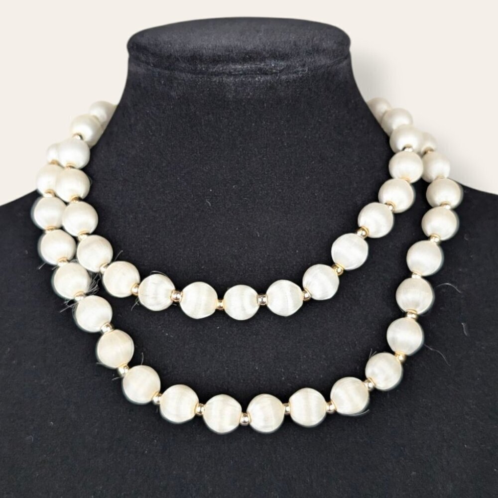Vintage White Satin Wrapped Beaded Necklace